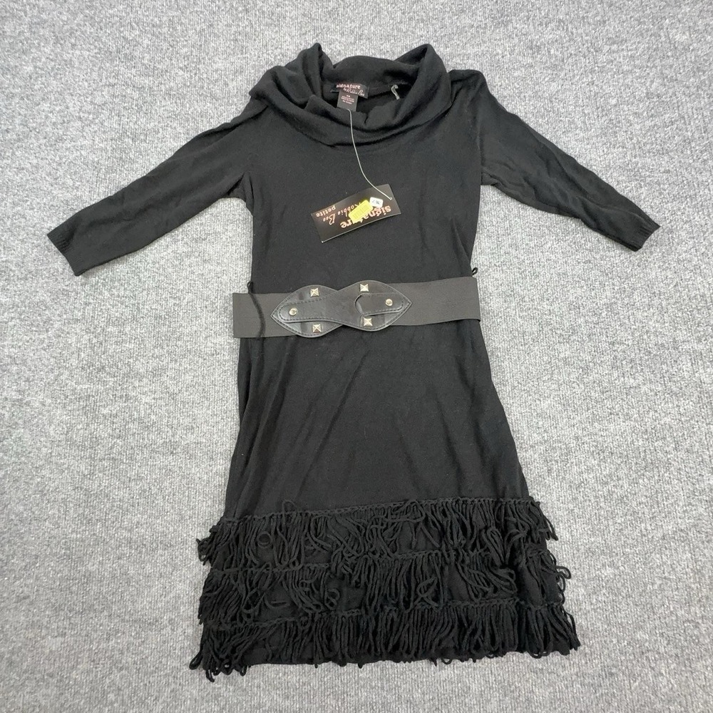 Signature By Robbie Bee Sweater Dress Womens PS Petite Black Fringe Belted Cowl